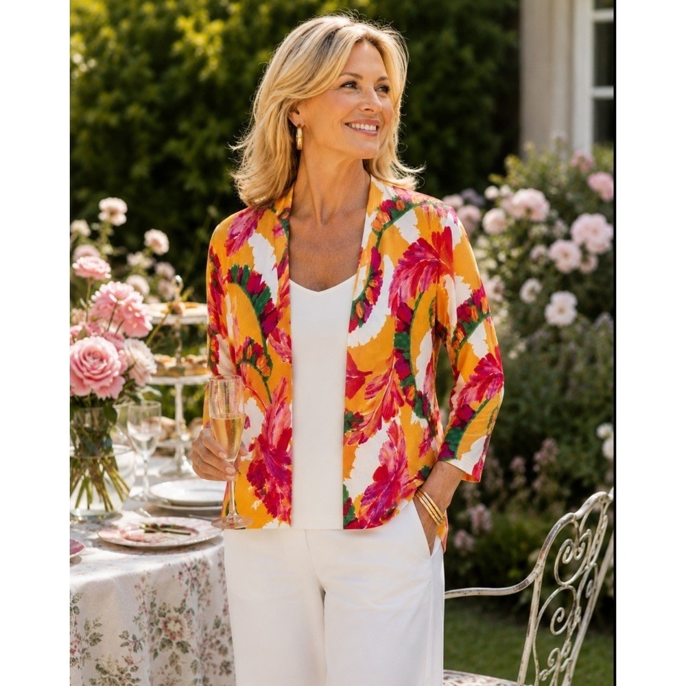 Chicos 4-6 Summer Romance Foliage Topper Cardigan Open Front Light Mango Ice NWT - Picture 1 of 8